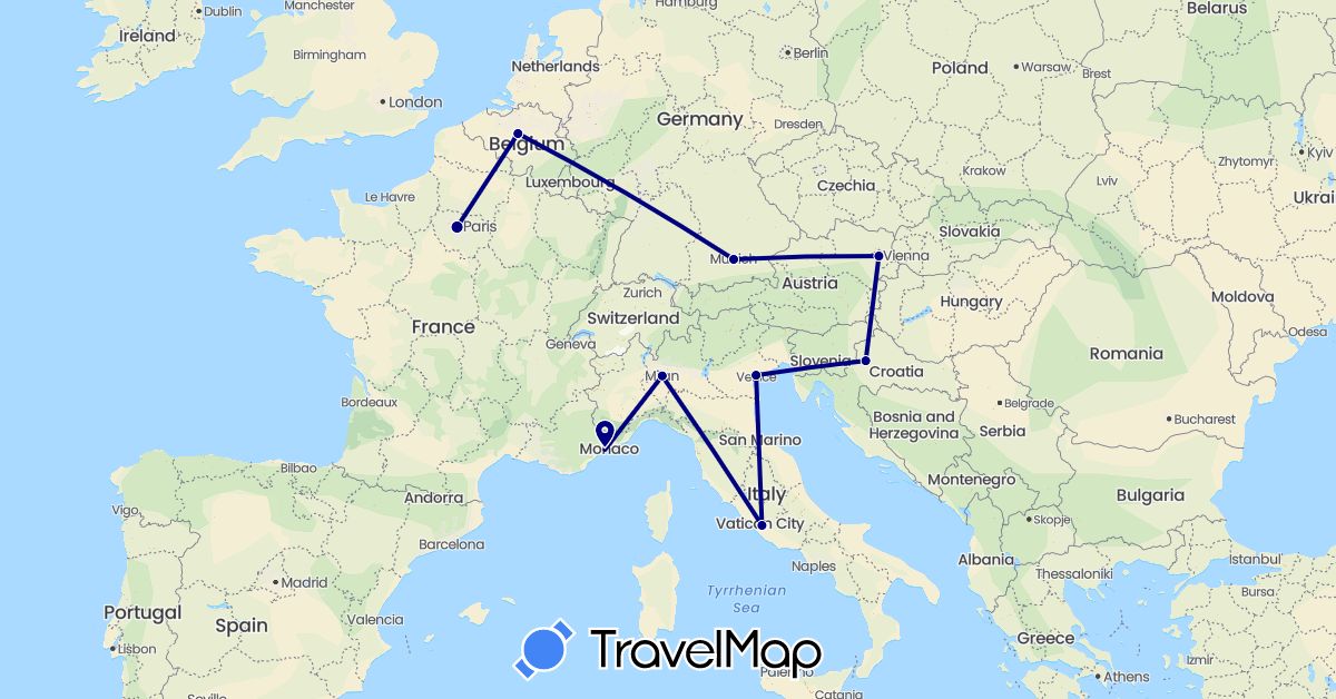TravelMap itinerary: driving in Austria, Belgium, Germany, France, Croatia, Italy (Europe)